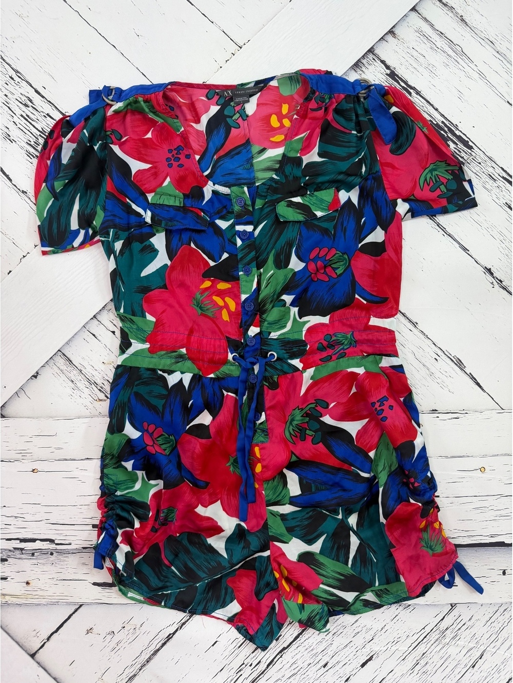 Armani Exchange Gorecorp Floral Romper Short Sleeve Ruched Drawstring Women’s XS